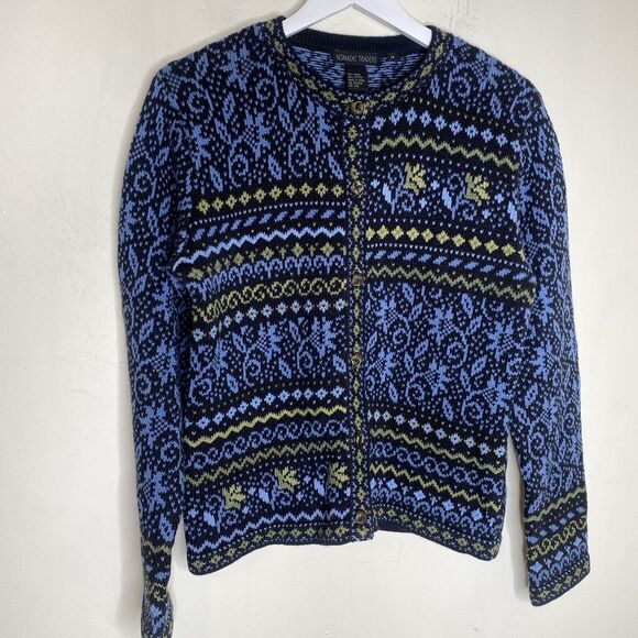 Nomadic Traders Blue & Green Cotton Knit Sweater Cardigan Size Medium - Picture 2 of 11